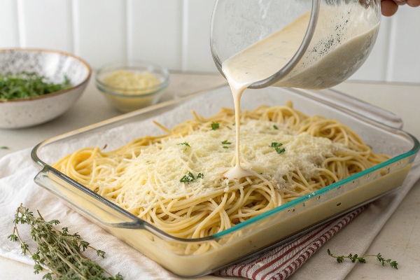 چیدمان پاستا در قالب و افزودن سس