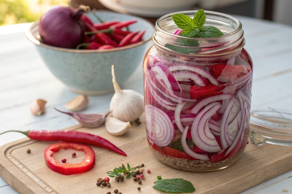 یک شیشه ترشی پیاز قرمز خوشرنگ