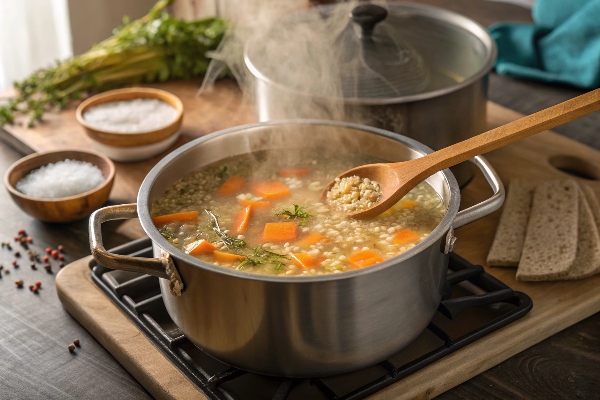 پخت جو و هویج برای تهیه سوپ ماست و گشنیز