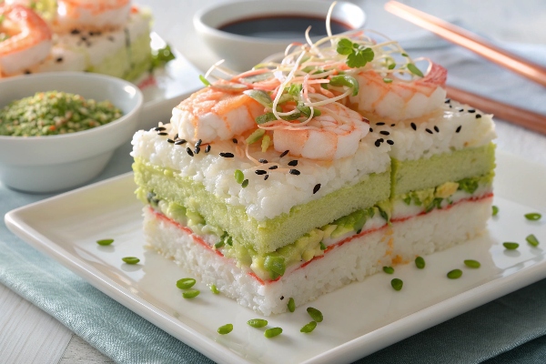 استراحت، برش و سرو کیک سوشی با میگو 