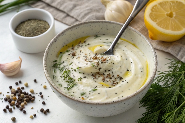  افزودن چاشنی‌ها در ماست برای سالاد ماست و کاهو