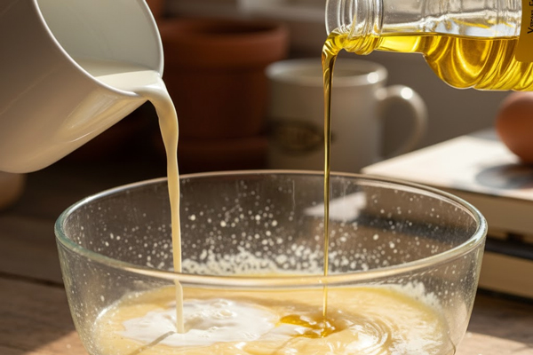 اضافه کردن شیر و روغن به مخلوط تخم‌مرغ و شکر برای تهیه پنکیک نوتلا