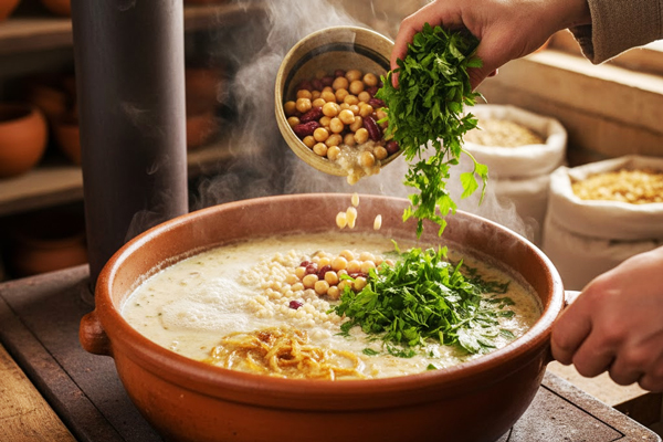 اضافه کردن حبوبات و سبزیجات به مواد داخل قابلمه آش ترخینه کرمانشاه