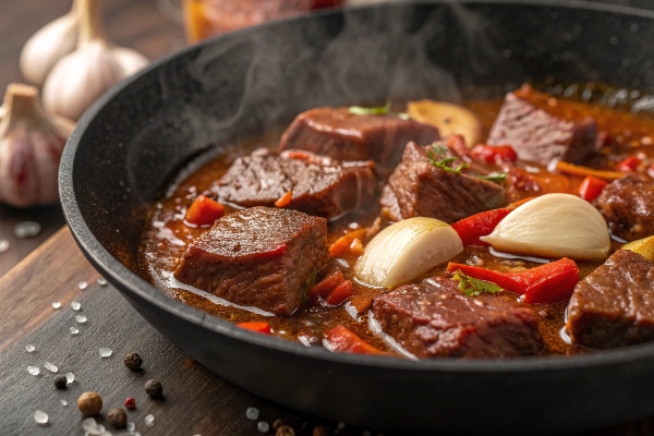 افزودن ادویه و پخت کامل گوشت برای تهیه حمص با گوشت