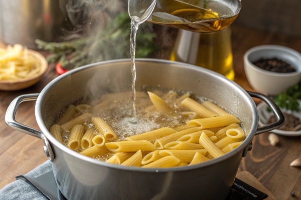 جوشاندن پاستا برای تهیه پاستا پنه با مرغ و قارچ