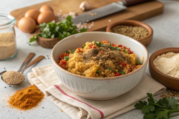 افزودن ادویه و آرد سوخاری به کتلت برای تهیه کتلت سوسیس