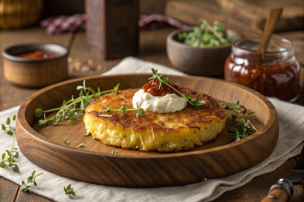 پنکیک سیب‌زمینی با سس قرمز و سفید 