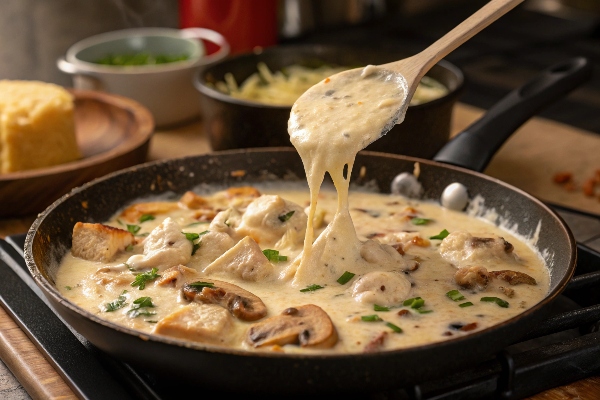 تهیه سس پاستا در تهیه پاستا پنه با مرغ و قارچ