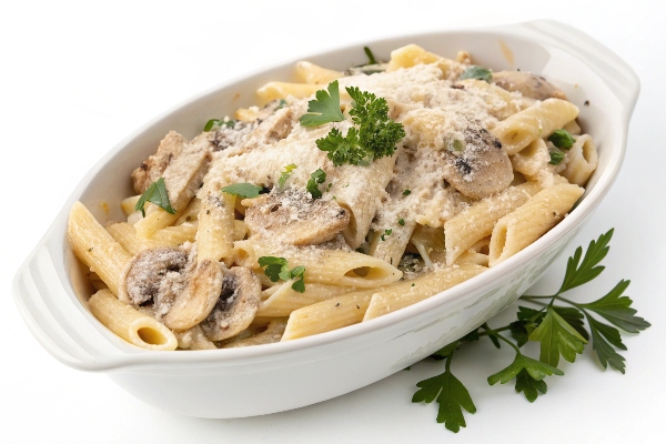 پاستا پنه با مرغ و قارچ با تزئین جعفری