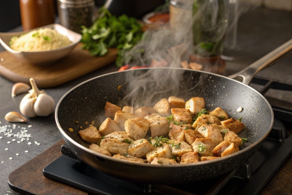 آمادهسازی مرغ برای تهیه پاستا پنه با مرغ و قارچ