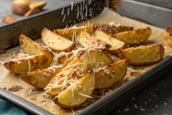 اضافه کردن پنیر و طلایی کردن سطح سیب زمینی ها 