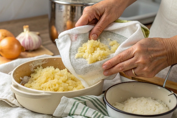 گرفتن آب پیاز و سیب زمینی برای پنکیک سیب زمینی