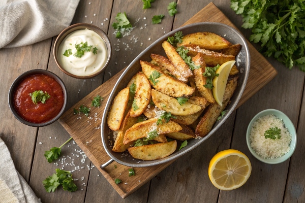 سیب‌زمینی با پنیر پارمسان در کنار سس گوجه و ماست چکیده