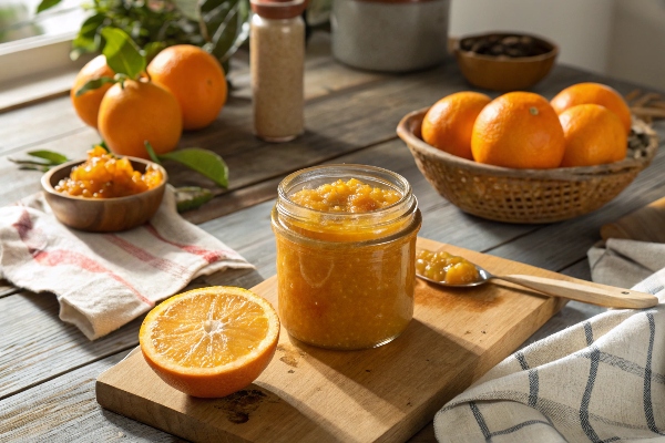 یک شیشه رب نارنج در کنار نارنج تازه