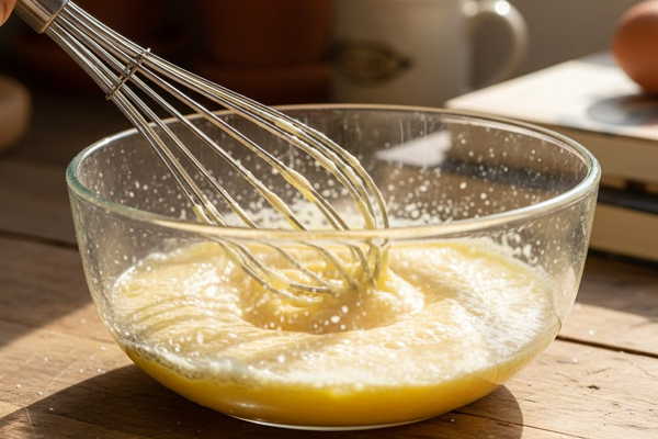 مخلوط کردن تخم‌مرغ و شکر برای تهیه پنکیک نوتلا