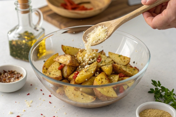 مزه‌دار کردن و آغشته‌سازی سیب زمینی به روغن برای تهیه سیب زمینی با پنیر پارمسان