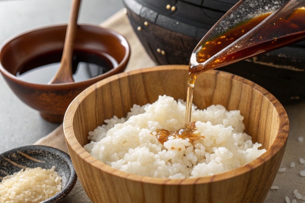 مزه‌دار کردن برنج با سرکه و شکر برای تهیه سوشی با میگو