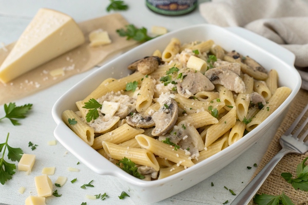 سرو پاستای پنه با مرغ و قارچ
