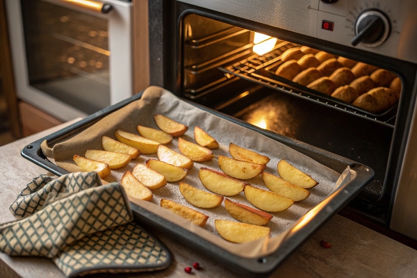 چیدن سیب زمینی ها روی سینی و قرار دادن در فر