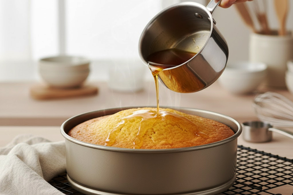 ریختن شربت روی کیک خیس زعفرانی با ماست