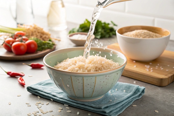 شست‌وشو و خیس کردن برنج در تهیه برنج بدون روغن به روش کته