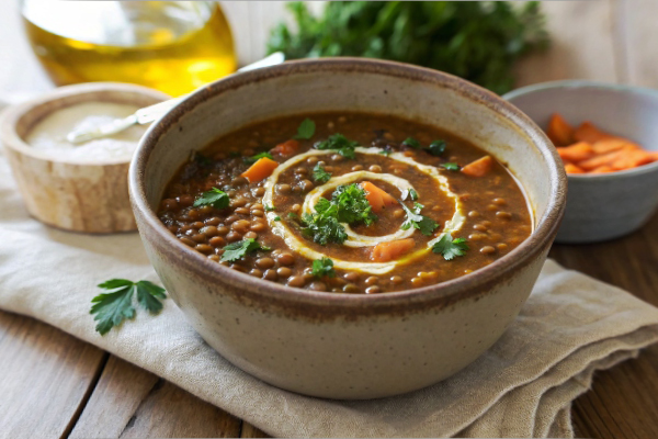 یک کاسه عدسی برای دیابتیها با تزئین جعفری و هویج