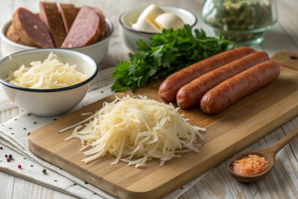 رنده کردن سیب زمینی و سوسیس برای تهیه کتلت سوسیس