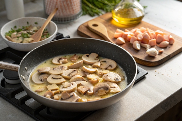 آمادهسازی قارچ برای تهیه پاستا پنه با مرغ و قارچ