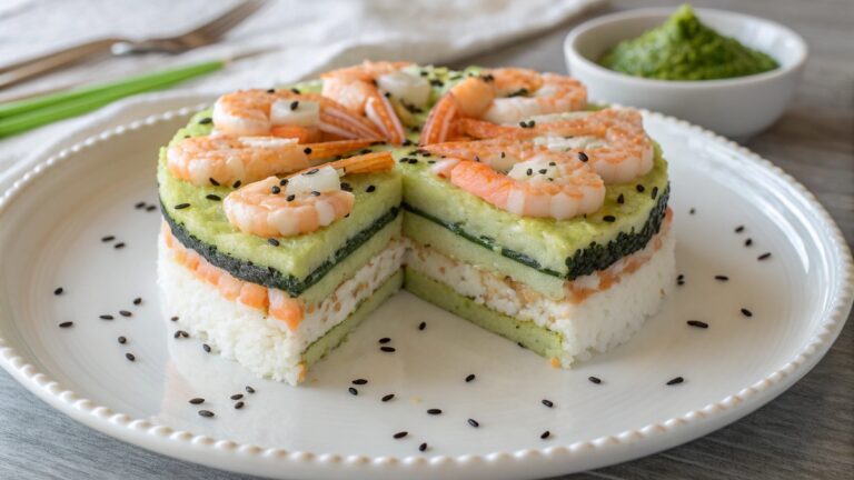 طرز تهیه کیک سوشی با میگو؛ کیک سوشی خانگی مجلسی