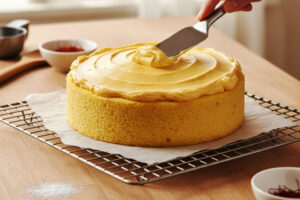 پخش کردن فراستینگ زعفرانی روی کیک زعفرانی