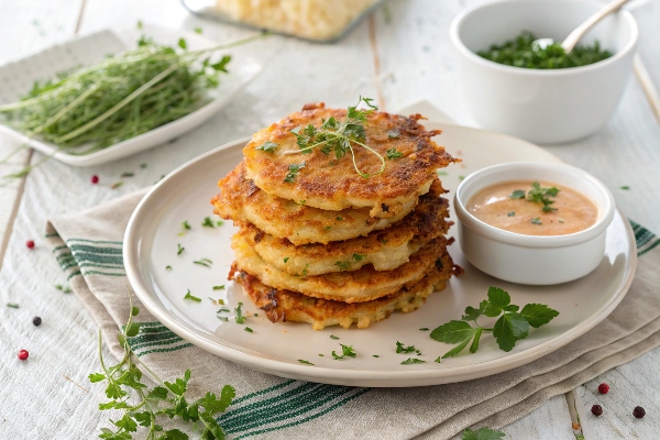 پنکیک سیب زمینی در کنار سس سفید