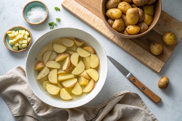آماده‌سازی و برش سیب‌زمینی برای تهیه سیب زمینی با پنیر پارمسان