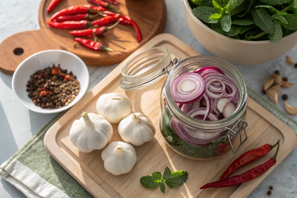 چیدمان مواد ترشی پیاز قرمز در شیشه