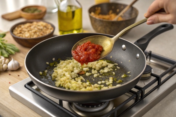 تفت دادن سیر پاستا بهمراه گوجه رنده شده 