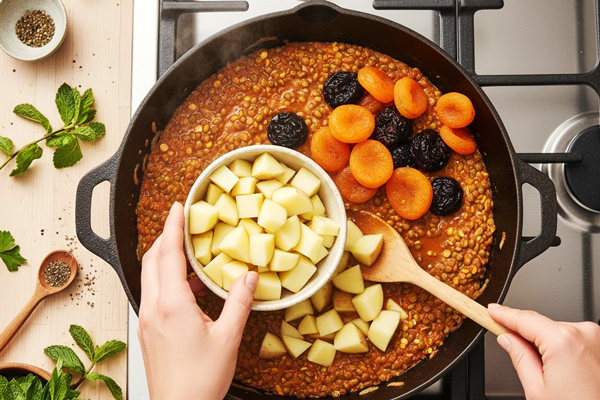 اضافه کردن سیب‌زمینی نگینی خردشده، زردآو و آلوچه به پیازو