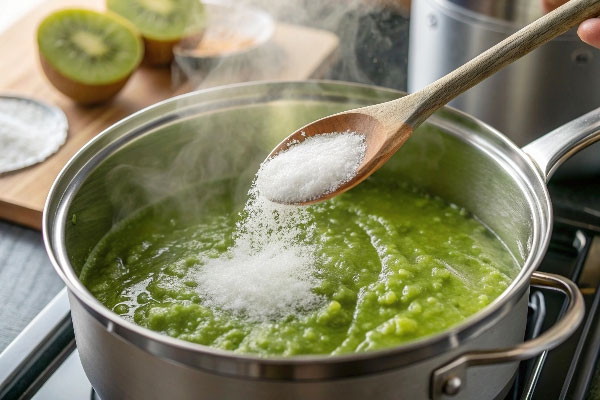 اضافه کردن شکر به پوره لواشک کیوی 