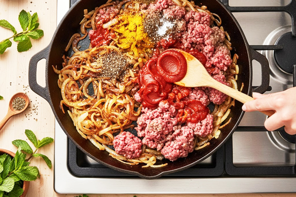 اضافه کردن گوشت چرخکرده، ادویه‌ها و ربر گوجه‌فرنگی به پیازداغ برای تهیه پیازو