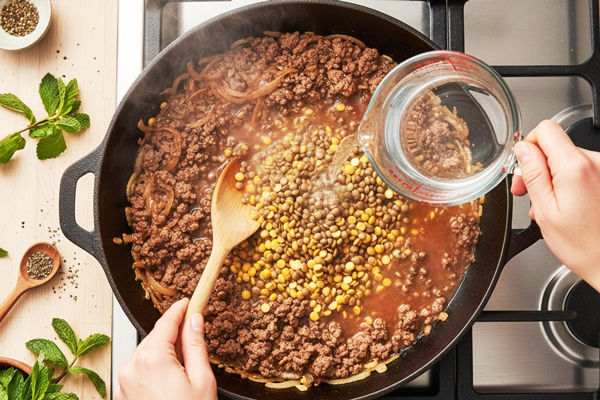 اضافه کردن حبوبات خیس خورده و آب به پیازداغ و گوشت چرخکرده در تهیه پیازو