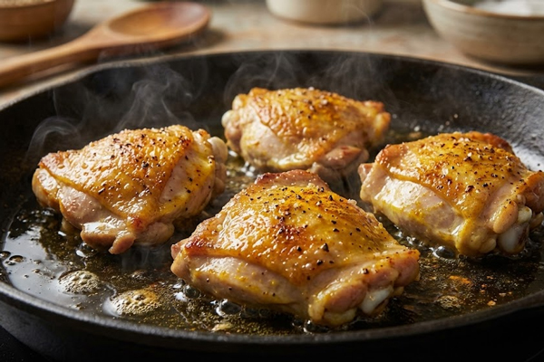 پخت و تفت دادن ۴ تکه ران مرغ در تهیه فسنجان مرغ برای ۴ نفر