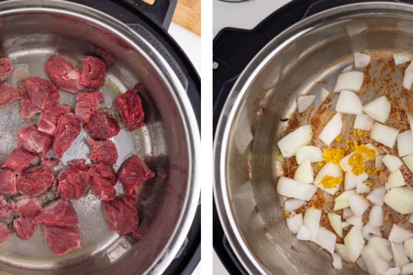 تفت دادن پیاز و سیر و گوشت برای خورشت بامیه در زودپز