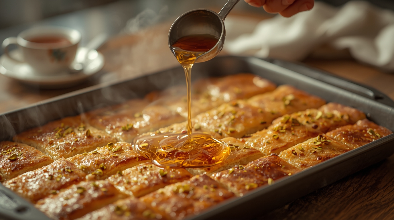 ریختن شربت روی کنافه عربی