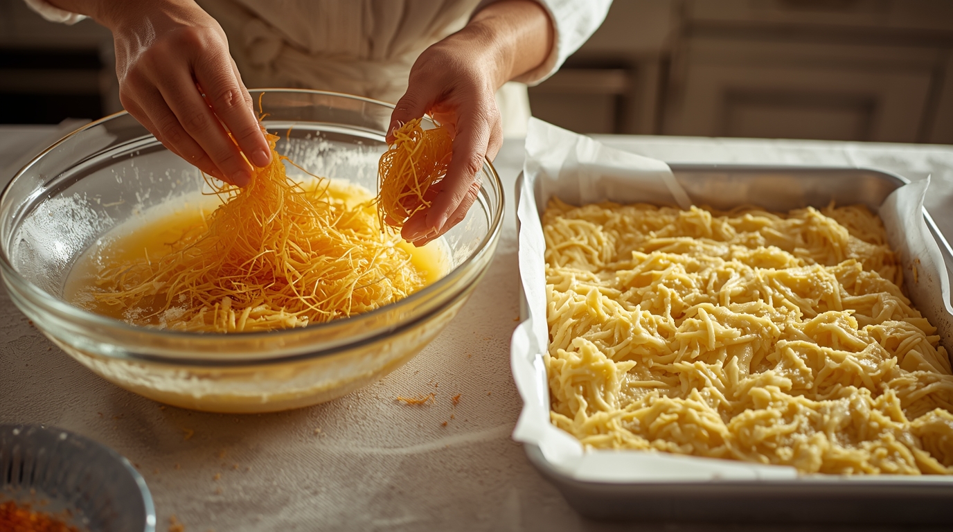 ریختن پنیر موزارلا روی رشته ها برای تهیه کنافه عربی