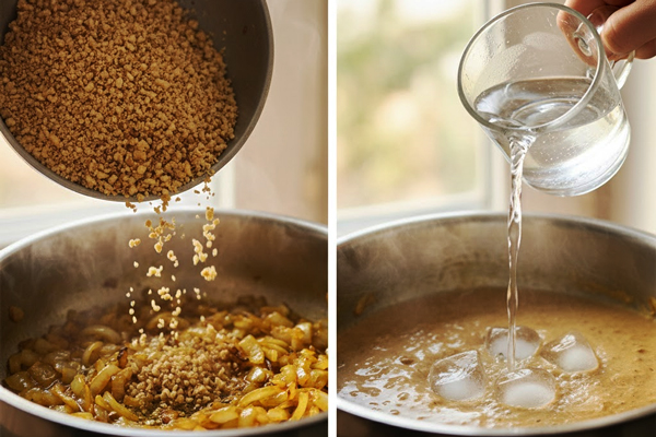 اضافه کردن گردو، آب سرد و تکههای یخ به فسنجان مرغ برای ۴ نفر