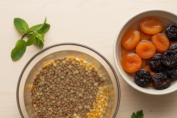 خیس کردن حبوبات، زردآلو و آلوچه خشک برای تهیه پیازو