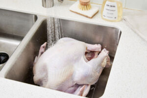 شستن بوقلمون با آب در سینک ظرفشویی برای تهیه ژیگو