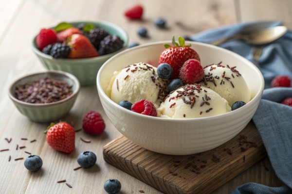 کاسه بستنی با شیر خشک با تزئین توت فرنگی و بلوبری و تمشک 