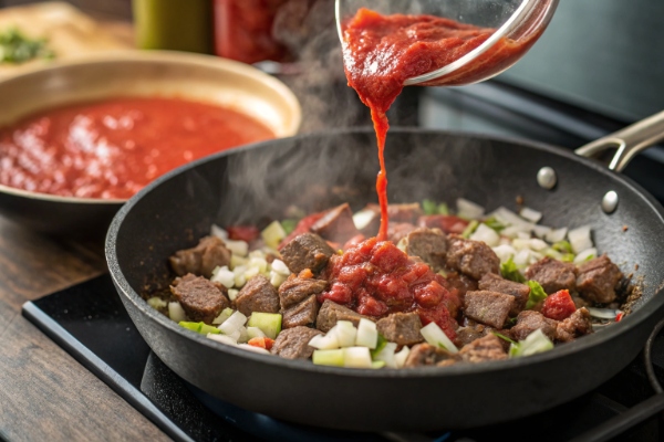 افزودن ادویهها و رب گوجهفرنگی برای تهیه واویشکا گوشت تکه ای