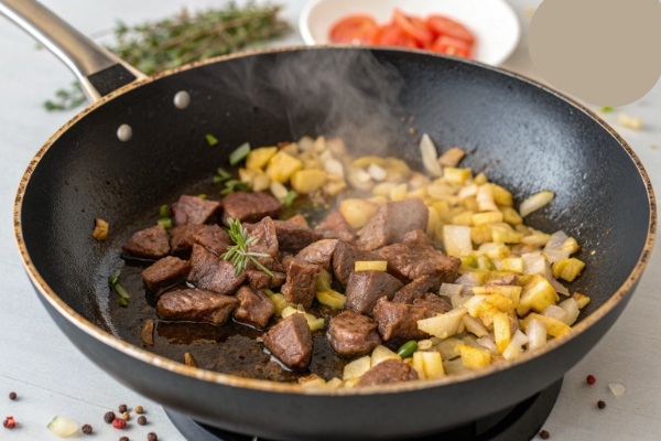 تفت دادن گوشت و پیاز برای تهیه واویشکا گوشت تکه ای