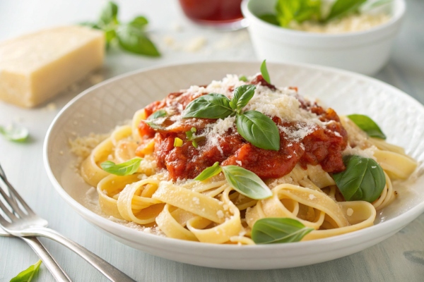 سرو یک بشقاب پاستا با گوجه و سیر