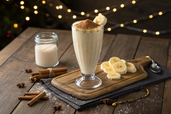 یه لیوان شیر موز با شیر خشک در کنار چوب دارچین و موز